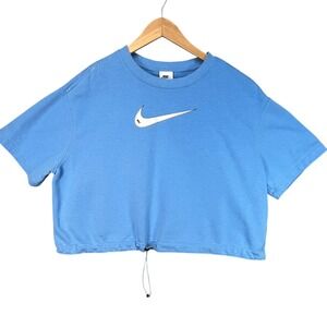 Nike‎ Blue Crop Sweatshirt Drawstring Hem Swoosh Pullover Top Large